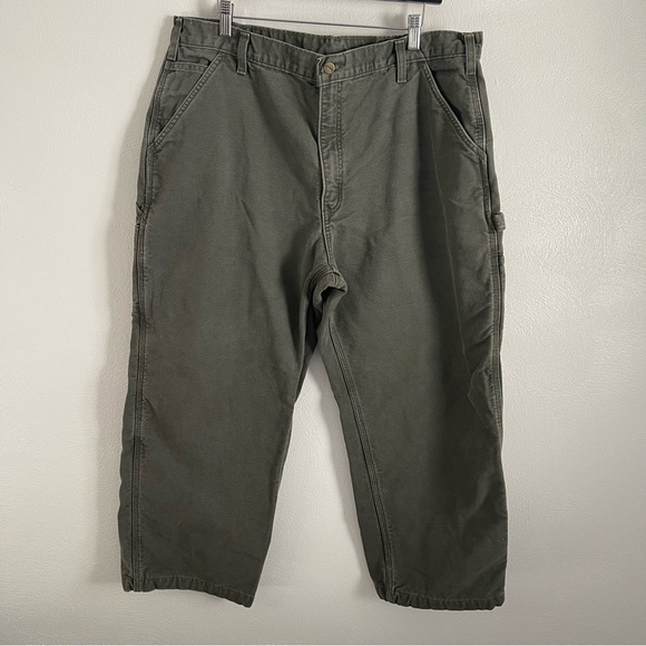 Carhartt Mens green flannel lined jeans pants size 38 X 27 carpenter - Picture 1 of 8